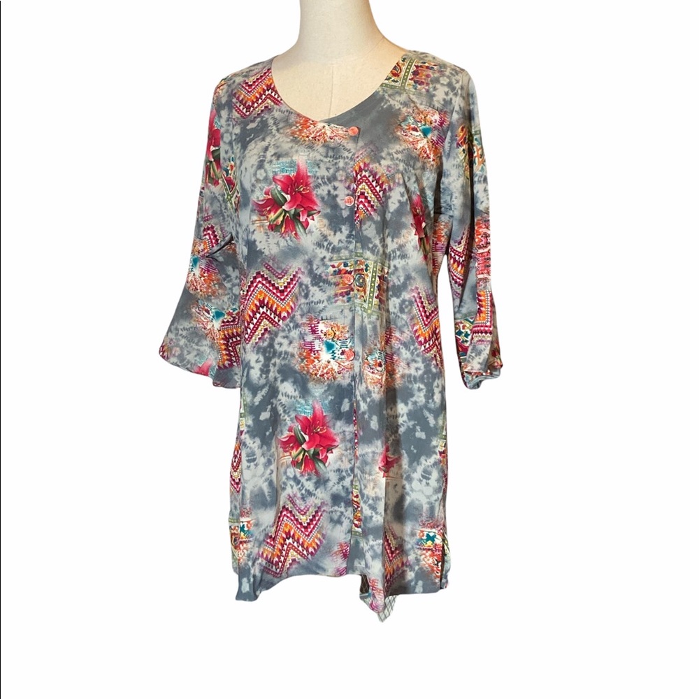 NEW Grasshopper Cross Over Floral Tribal Tunic Button Up Double Breasted XL